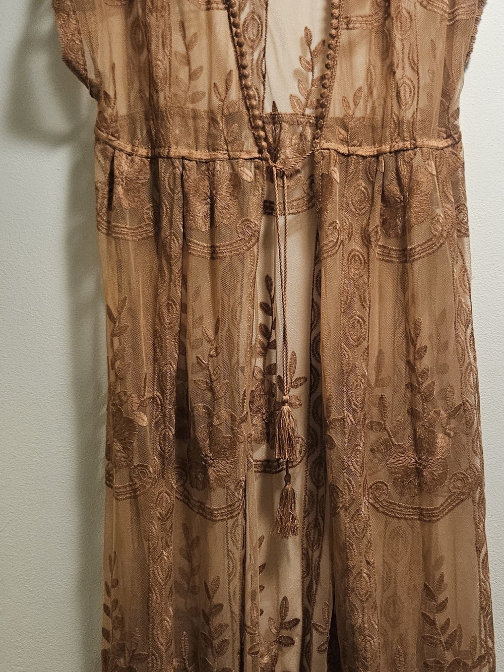 Sheer Embroidered Tassel Duster - Camel